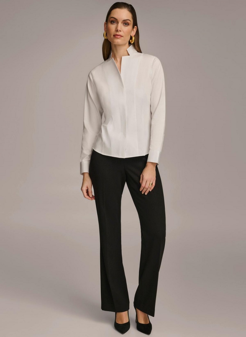 White Donna Karan Cotton Notch Collar Button Down Sweaters and Tops | MY_DK66132