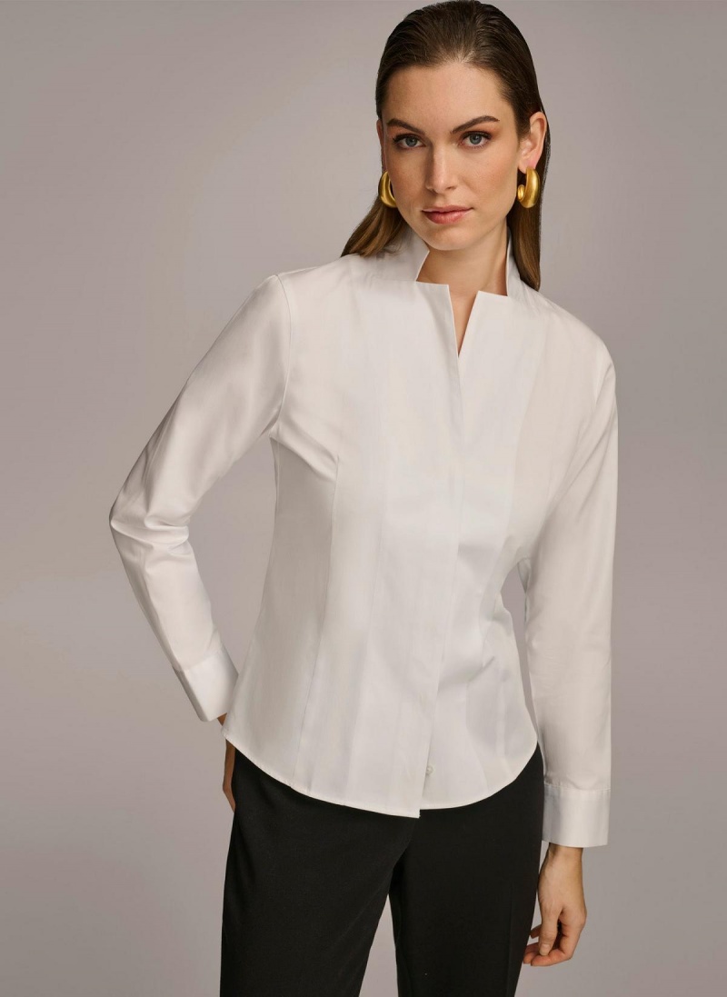 White Donna Karan Cotton Notch Collar Button Down Sweaters and Tops | MY_DK66132