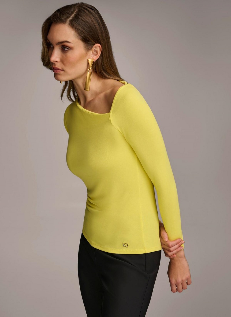 Yellow Donna Karan Asymmetrical Neckline Fitted Sweaters and Tops | MY_DK79219