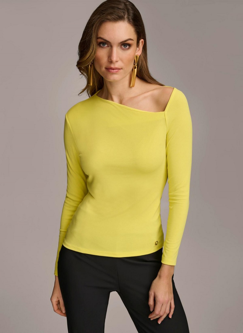 Yellow Donna Karan Asymmetrical Neckline Fitted Sweaters and Tops | MY_DK79219